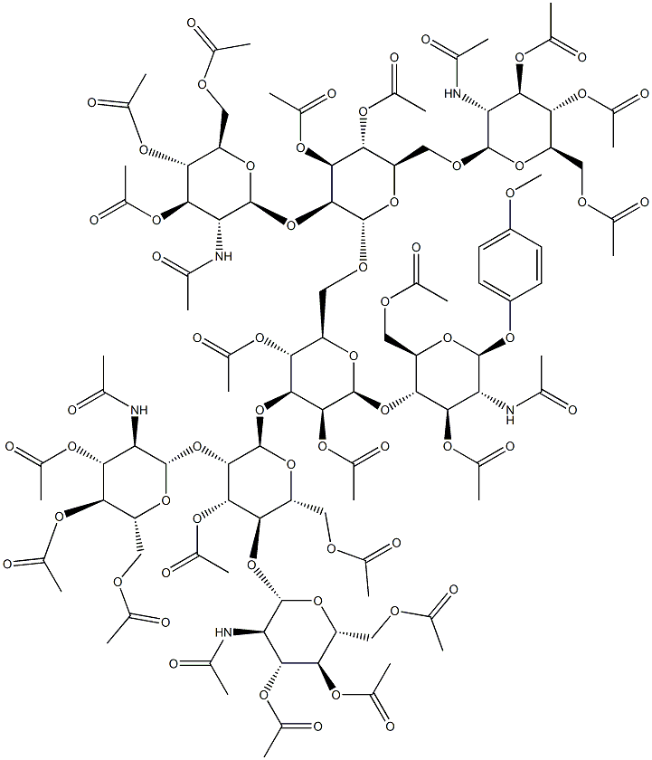 4-Methoxyphenyl 2-acetamido-3,6-di-O-acetyl-4-O-{2,4-di-O-acetyl-3-O-[3,6-di-O-acetyl-2,4-di-O-(3,4,6-tri-O-acetyl-2-acetamido-2-deoxy-b-D-glucopyranosyl)-a-D-mannopyranosyl]-6-O-[3,4-di-O-acetyl-2,6-di-O-(3,4,6-tri-O-acetyl-2-acetamido-2-deoxy-b-D-glucopyranosyl) -a-D-mannopyranosyl]-b-D-mannopyranosyl}-2-deoxy-b-D-glucopyranoside Struktur