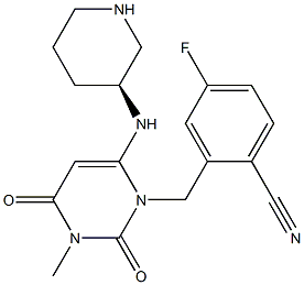 (S)-4-Fluoro-2-((3-methyl-2,4-dioxo-6-(piperidin-3-ylamino)-3,4-dihydropyrimidin-1(2H)-yl)methyl)benzonitrile Struktur