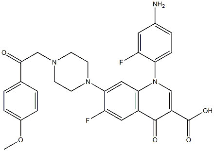 1-(4-amino-2-fluorophenyl)-6-fluoro-1,4-dihydro-7-(4-(2-(4-methoxyphenyl)-2-oxoethyl)-1-piperazinyl)-4-oxo-3-quinolinecarboxylic acid Struktur