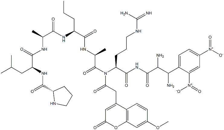 (7-methoxycoumarin-4-ylacetyl)-prolyl-leucyl-alanyl-norvalyl-(3-(2,4-dinitrophenyl)-2,3-diaminopropanoyl)-alanyl-argininamide Struktur