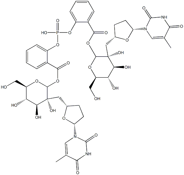 bis(2',3'-dideoxythymidin-5'-yl) 2-((glucopyranosyl)oxycarbonyl)phenyl phosphate Struktur