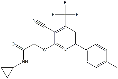 2-{[3-cyano-6-(4-methylphenyl)-4-(trifluoromethyl)-2-pyridinyl]sulfanyl}-N-cyclopropylacetamide Struktur