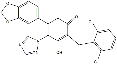 5-(1,3-benzodioxol-5-yl)-2-(2,6-dichlorobenzyl)-3-hydroxy-4-(1H-1,2,4-triazol-1-yl)-2-cyclohexen-1-one Struktur