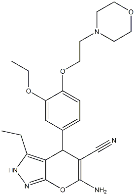 6-amino-4-[3-ethoxy-4-(2-morpholinoethoxy)phenyl]-3-ethyl-2,4-dihydropyrano[2,3-c]pyrazole-5-carbonitrile Struktur