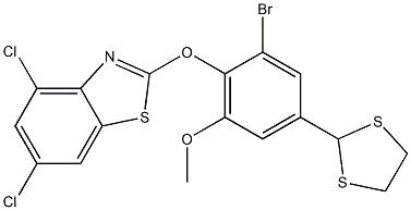 2-[2-bromo-4-(1,3-dithiolan-2-yl)-6-methoxyphenoxy]-4,6-dichloro-1,3-benzothiazole Struktur