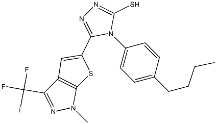 4-(4-butylphenyl)-5-[1-methyl-3-(trifluoromethyl)-1H-thieno[2,3-c]pyrazol-5-yl]-4H-1,2,4-triazole-3-thiol Struktur