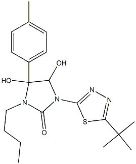 3-butyl-1-[5-(tert-butyl)-1,3,4-thiadiazol-2-yl]-4,5-dihydroxy-4-(4-methylphenyl)imidazolidin-2-one Struktur