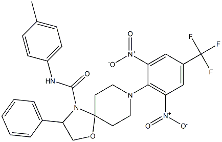 8-[2,6-dinitro-4-(trifluoromethyl)phenyl]-N-(4-methylphenyl)-3-phenyl-1-oxa-4,8-diazaspiro[4.5]decane-4-carboxamide Struktur