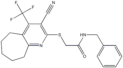 N-benzyl-2-{[3-cyano-4-(trifluoromethyl)-6,7,8,9-tetrahydro-5H-cyclohepta[b]pyridin-2-yl]sulfanyl}acetamide Struktur