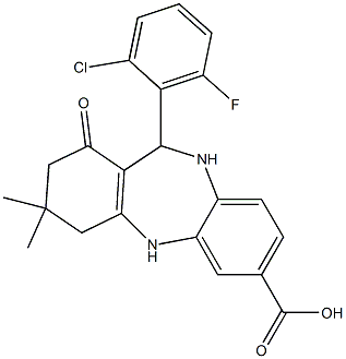 11-(2-chloro-6-fluorophenyl)-3,3-dimethyl-1-oxo-2,3,4,5,10,11-hexahydro-1H-dibenzo[b,e][1,4]diazepine-7-carboxylic acid Struktur