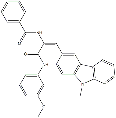 N-[1-[(3-methoxyanilino)carbonyl]-2-(9-methyl-9H-carbazol-3-yl)vinyl]benzamide Struktur