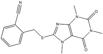 2-{[(1,3,7-trimethyl-2,6-dioxo-2,3,6,7-tetrahydro-1H-purin-8-yl)sulfanyl]methyl}benzonitrile Struktur