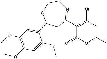 4-hydroxy-6-methyl-3-[7-(2,4,5-trimethoxyphenyl)-2,3,6,7-tetrahydro-1,4-thiazepin-5-yl]-2H-pyran-2-one Struktur