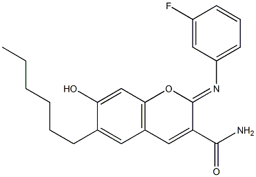 2-[(3-fluorophenyl)imino]-6-hexyl-7-hydroxy-2H-chromene-3-carboxamide Struktur