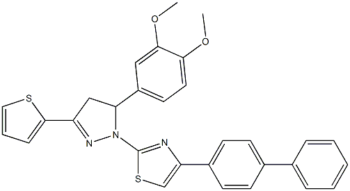 4-[1,1'-biphenyl]-4-yl-2-[5-(3,4-dimethoxyphenyl)-3-(2-thienyl)-4,5-dihydro-1H-pyrazol-1-yl]-1,3-thiazole Struktur