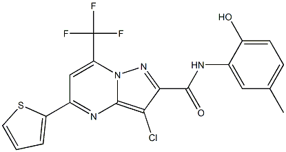 3-chloro-N-(2-hydroxy-5-methylphenyl)-5-(2-thienyl)-7-(trifluoromethyl)pyrazolo[1,5-a]pyrimidine-2-carboxamide Struktur