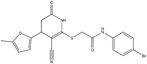 N-(4-bromophenyl)-2-{[3-cyano-4-(5-methyl-2-furyl)-6-oxo-1,4,5,6-tetrahydro-2-pyridinyl]sulfanyl}acetamide Struktur