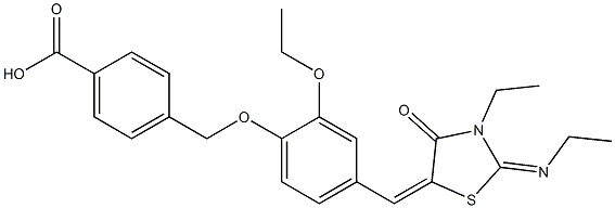 4-[(2-ethoxy-4-{[3-ethyl-2-(ethylimino)-4-oxo-1,3-thiazolidin-5-ylidene]methyl}phenoxy)methyl]benzoic acid Struktur