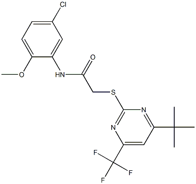 2-{[4-tert-butyl-6-(trifluoromethyl)-2-pyrimidinyl]sulfanyl}-N-(5-chloro-2-methoxyphenyl)acetamide Struktur