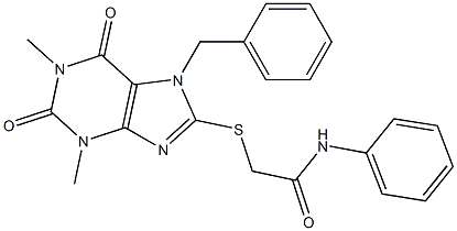 2-[(7-benzyl-1,3-dimethyl-2,6-dioxo-2,3,6,7-tetrahydro-1H-purin-8-yl)thio]-N-phenylacetamide Struktur