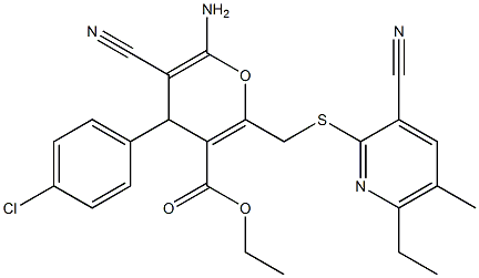 ethyl 6-amino-4-(4-chlorophenyl)-5-cyano-2-{[(3-cyano-6-ethyl-5-methyl-2-pyridinyl)sulfanyl]methyl}-4H-pyran-3-carboxylate Struktur