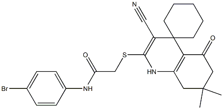 2-{[2-(4-bromoanilino)-2-oxoethyl]sulfanyl}-3-cyano-7,7-dimethyl-5-oxo-1,4,5,6,7,8-hexahydrospiro[quinoline-4,1'-cyclohexane] Struktur