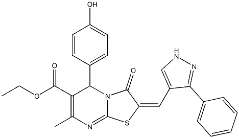 ethyl 5-(4-hydroxyphenyl)-7-methyl-3-oxo-2-[(3-phenyl-1H-pyrazol-4-yl)methylene]-2,3-dihydro-5H-[1,3]thiazolo[3,2-a]pyrimidine-6-carboxylate Struktur