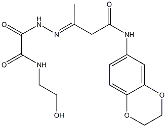 N-(2,3-dihydro-1,4-benzodioxin-6-yl)-3-{[[(2-hydroxyethyl)amino](oxo)acetyl]hydrazono}butanamide Struktur