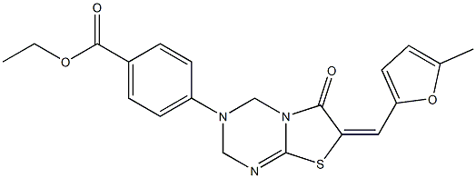 ethyl 4-(7-[(5-methyl-2-furyl)methylene]-6-oxo-6,7-dihydro-2H-[1,3]thiazolo[3,2-a][1,3,5]triazin-3(4H)-yl)benzoate Struktur