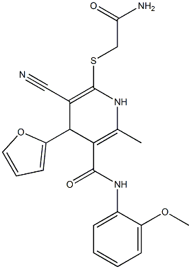 6-[(2-amino-2-oxoethyl)sulfanyl]-5-cyano-4-(2-furyl)-N-(2-methoxyphenyl)-2-methyl-1,4-dihydropyridine-3-carboxamide Struktur