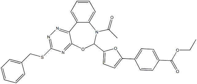 ethyl 4-{5-[7-acetyl-3-(benzylsulfanyl)-6,7-dihydro[1,2,4]triazino[5,6-d][3,1]benzoxazepin-6-yl]-2-furyl}benzoate Struktur