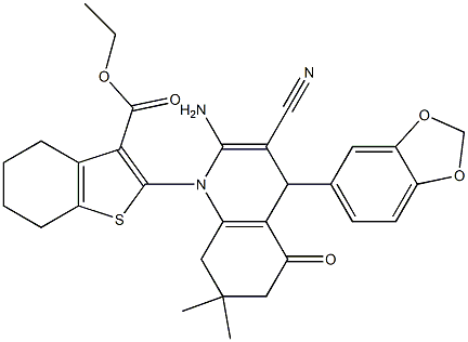 ethyl 2-(2-amino-4-(1,3-benzodioxol-5-yl)-3-cyano-7,7-dimethyl-5-oxo-5,6,7,8-tetrahydro-1(4H)-quinolinyl)-4,5,6,7-tetrahydro-1-benzothiophene-3-carboxylate Struktur