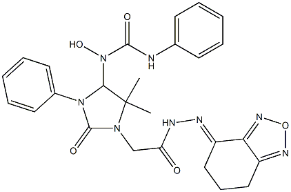 N-(1-{2-[2-(6,7-dihydro-2,1,3-benzoxadiazol-4(5H)-ylidene)hydrazino]-2-oxoethyl}-5,5-dimethyl-2-oxo-3-phenyl-4-imidazolidinyl)-N-hydroxy-N'-phenylurea Struktur