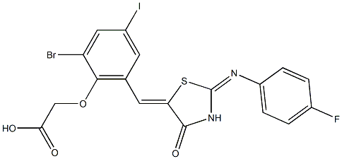 [2-bromo-6-({2-[(4-fluorophenyl)imino]-4-oxo-1,3-thiazolidin-5-ylidene}methyl)-4-iodophenoxy]acetic acid Struktur