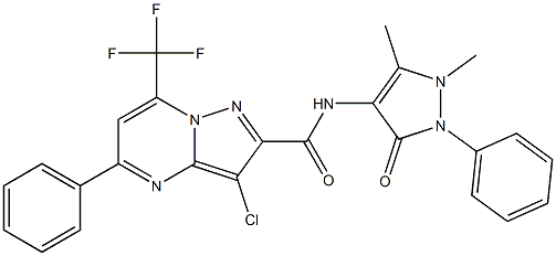 3-chloro-N-(1,5-dimethyl-3-oxo-2-phenyl-2,3-dihydro-1H-pyrazol-4-yl)-5-phenyl-7-(trifluoromethyl)pyrazolo[1,5-a]pyrimidine-2-carboxamide Struktur