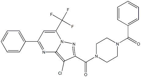 3-chloro-5-phenyl-2-{[4-(phenylcarbonyl)piperazin-1-yl]carbonyl}-7-(trifluoromethyl)pyrazolo[1,5-a]pyrimidine Struktur