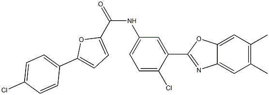 N-[4-chloro-3-(5,6-dimethyl-1,3-benzoxazol-2-yl)phenyl]-5-(4-chlorophenyl)-2-furamide Struktur