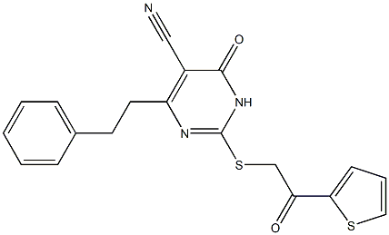 6-oxo-2-{[2-oxo-2-(2-thienyl)ethyl]sulfanyl}-4-(2-phenylethyl)-1,6-dihydro-5-pyrimidinecarbonitrile Struktur