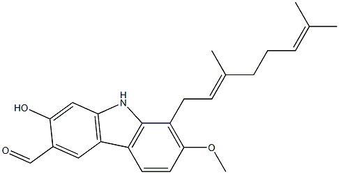 7-Hydroxy-2-methoxy-1-[(2E)-3,7-dimethyl-2,6-octadienyl]-9H-carbazole-6-carbaldehyde Struktur