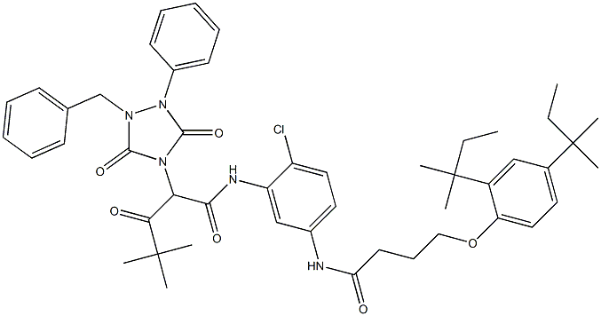 2-(1-Benzyl-3,5-dioxo-2-phenyl-1,2,4-triazolidin-4-yl)-2-pivaloyl-2'-chloro-5'-[4-(2,4-di-tert-pentylphenoxy)butanoylamino]acetanilide Struktur