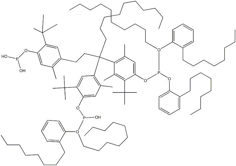 [3-Methyl-1,1,3-propanetriyltris(2-tert-butyl-5-methyl-4,1-phenyleneoxy)]tris(phosphonous acid)O,O',O''-tri(decyl)O,O',O''-tris(2-octylphenyl) ester Struktur