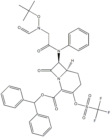 (6R,7S)-7-((R)-tert-Butoxyformylamino(phenyl)acetylamino)-8-oxo-3-[(trifluoromethyl)sulfonyloxy]-1-azabicyclo[4.2.0]oct-2-ene-2-carboxylic acid benzhydryl ester Struktur