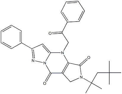 6,7-Dihydro-6-(1,1,3,3-tetramethylbutyl)-4-(2-oxo-2-phenylethyl)-2-phenyl-4H-1,4,6,8a-tetraaza-s-indacene-5,8-dione Struktur