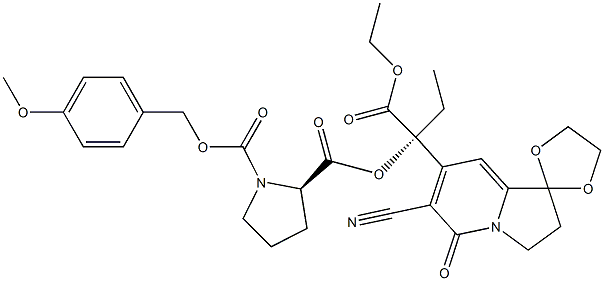 6-Cyano-7-[(R)-1-ethoxycarbonyl-1-[[(2R)-1-[(4-methoxybenzyloxy)carbonyl]-2-pyrrolidinyl]carbonyloxy]propyl]-2,3-dihydrospiro[indolizine-1,2'-[1,3]dioxolan]-5-one Struktur