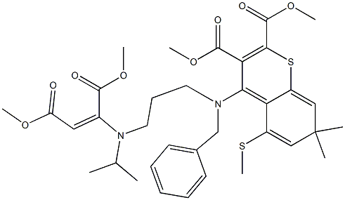 7,7-Dimethyl-5-(methylthio)-4-[benzyl[3-[isopropyl[1,2-bis(methoxycarbonyl)ethenyl]amino]propyl]amino]-7H-1-benzothiopyran-2,3-dicarboxylic acid dimethyl ester Struktur