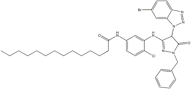 1-Benzyl-4-(6-bromo-1H-benzotriazol-1-yl)-3-[2-chloro-5-(tetradecanoylamino)anilino]-5(4H)-pyrazolone Struktur