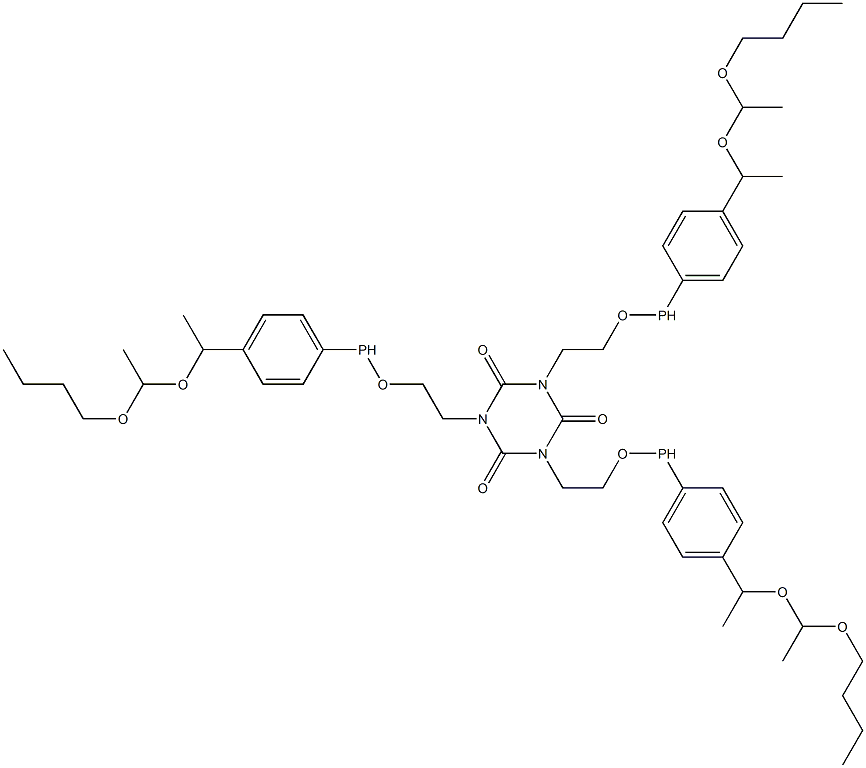 1,3,5-Tris[2-[4-[1-[(1-butoxyethyl)oxy]ethyl]phenylphosphinooxy]ethyl]-1,3,5-triazine-2,4,6(1H,3H,5H)-trione Struktur