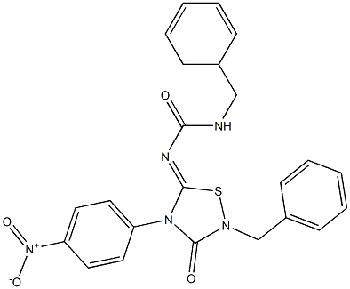 2-Benzyl-4-(4-nitrophenyl)-5-[(benzylcarbamoyl)imino]-1,2,4-thiadiazolidin-3-one Struktur