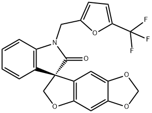 Spiro[furo[2,3-f]-1,3-benzodioxole-7(6H),3'-[3H]indol]-2'(1'H)-one, 1'-[[5-(trifluoromethyl)-2-furanyl]methyl]-, (3'R)- Struktur