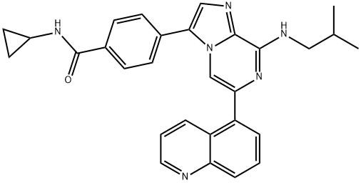 N-Cyclopropyl-4-[8-[(2-methylpropyl)amino]-6-(5-quinolinyl)imidazo[1,2-a]pyrazin-3-yl]benzamide Struktur